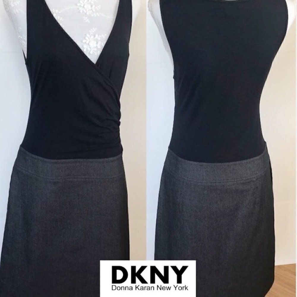 DKNY dress block black viscose stretch ontop & grey cotton sleeveless pockets 10